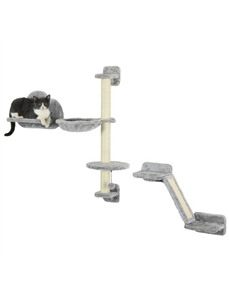 PawHut Three-Piece Wall-Mounted Cat Shelves, with Hammock, Ladder, Platforms, Scratching Post - Grey - pic 146990 | FastDaddyshop