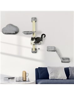 PawHut Three-Piece Wall-Mounted Cat Shelves, with Hammock, Ladder, Platforms, Scratching Post - Grey 2
