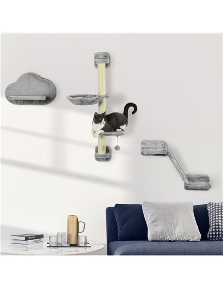 PawHut Three-Piece Wall-Mounted Cat Shelves, with Hammock, Ladder, Platforms, Scratching Post - Grey - pic 146991 | FastDaddyshop