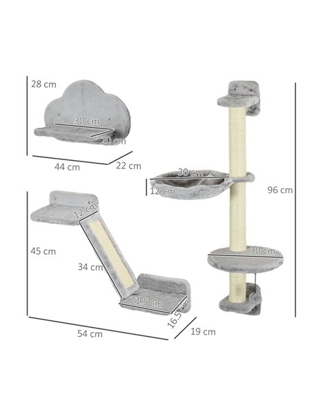 PawHut Three-Piece Wall-Mounted Cat Shelves, with Hammock, Ladder, Platforms, Scratching Post - Grey - pic 146992 | FastDaddyshop