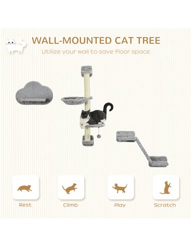 PawHut Three-Piece Wall-Mounted Cat Shelves, with Hammock, Ladder, Platforms, Scratching Post - Grey