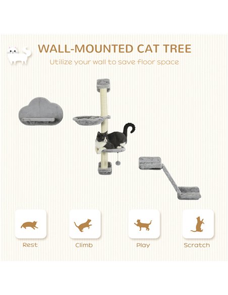 PawHut Three-Piece Wall-Mounted Cat Shelves, with Hammock, Ladder, Platforms, Scratching Post - Grey - pic 146993 | FastDaddyshop