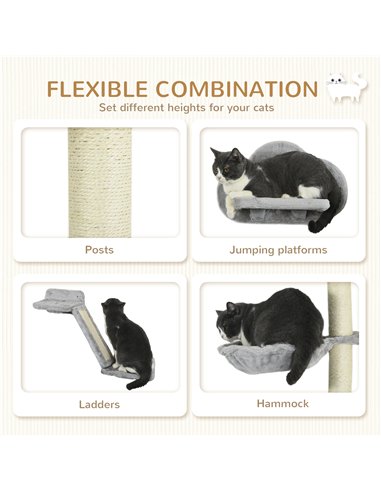 PawHut Three-Piece Wall-Mounted Cat Shelves, with Hammock, Ladder, Platforms, Scratching Post - Grey