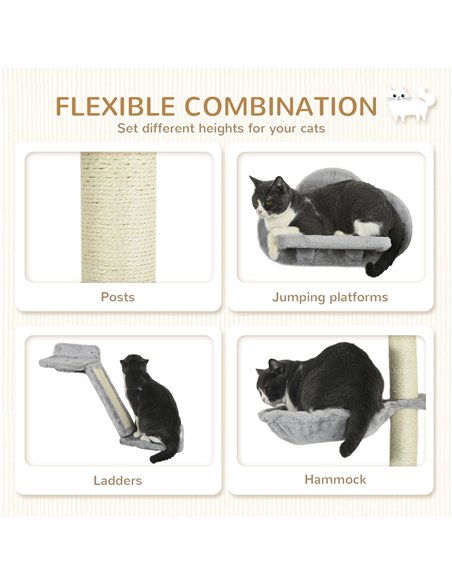 PawHut Three-Piece Wall-Mounted Cat Shelves, with Hammock, Ladder, Platforms, Scratching Post - Grey - pic 146994 | FastDaddyshop