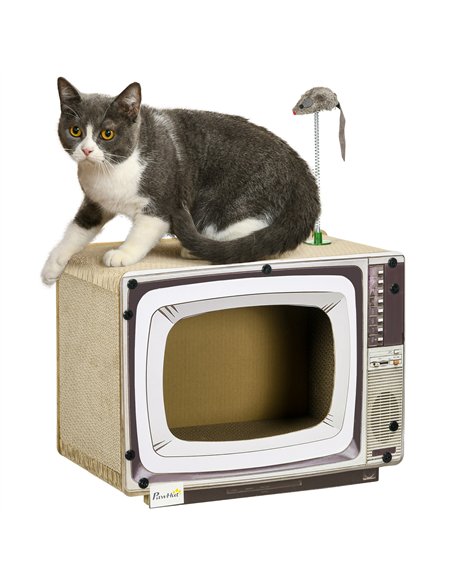 PawHut TV-Shaped Scratching Board with Scratcher, Catnip, Toy Rat, Cat Scratcher for Indoor Cats, 43 x 23 x 32.5cm - pic 147008 | FastDaddyshop
