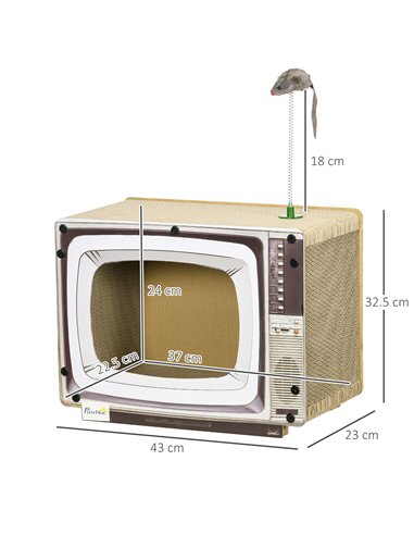 PawHut TV-Shaped Scratching Board with Scratcher, Catnip, Toy Rat, Cat Scratcher for Indoor Cats, 43 x 23 x 32.5cm