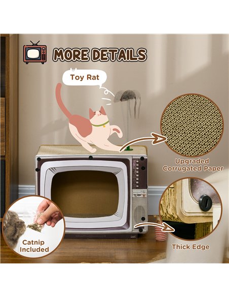 PawHut TV-Shaped Scratching Board with Scratcher, Catnip, Toy Rat, Cat Scratcher for Indoor Cats, 43 x 23 x 32.5cm - pic 147012 | FastDaddyshop