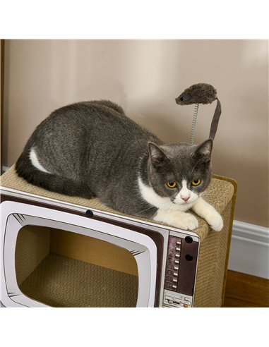 PawHut TV-Shaped Scratching Board with Scratcher, Catnip, Toy Rat, Cat Scratcher for Indoor Cats, 43 x 23 x 32.5cm
