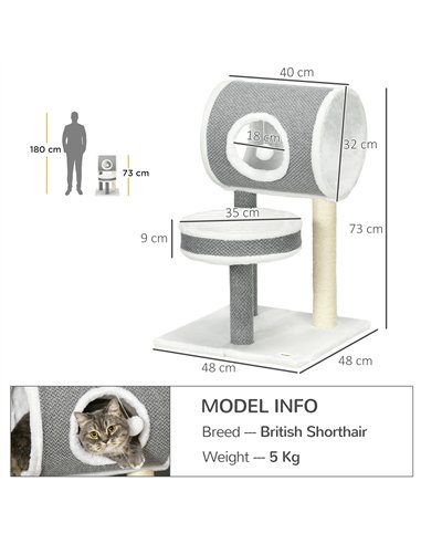 PawHut Cat Tree for Indoor Cats, with Scratching Post, Bed, Tunnel, Toy Ball, 48 x 48 x 73cm - White
