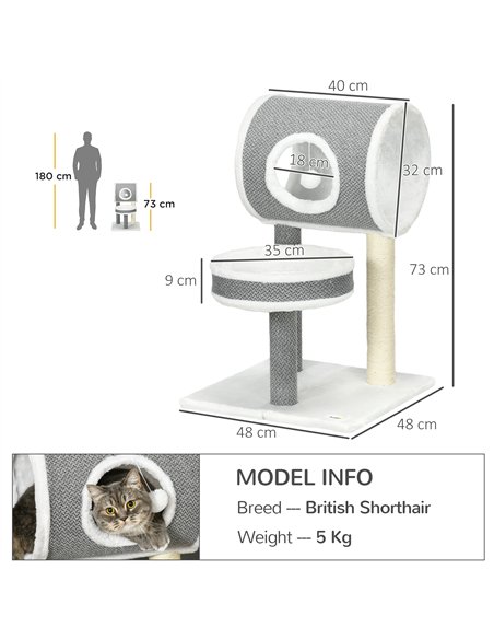 PawHut Cat Tree for Indoor Cats, with Scratching Post, Bed, Tunnel, Toy Ball, 48 x 48 x 73cm - White - pic 147019 | FastDaddyshop