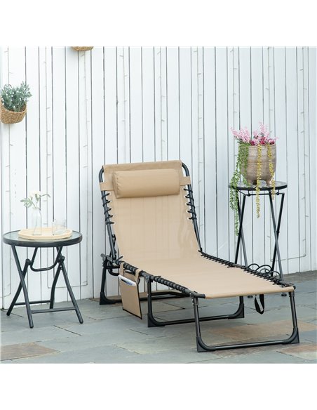 Outsunny Folding Sun Lounger with 5-position Adjustable Backrest, Pillow, Beige - pic 14702 | FastDaddyshop