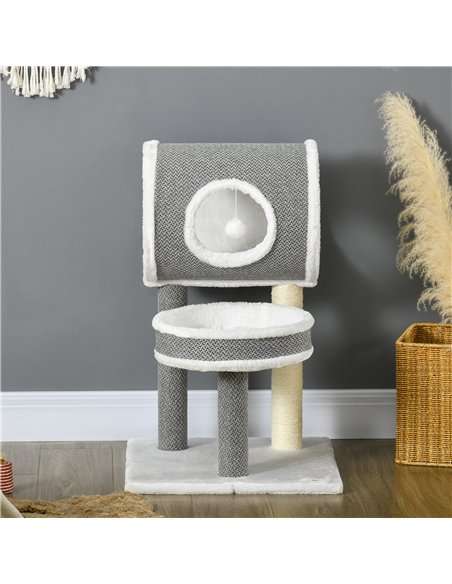PawHut Cat Tree for Indoor Cats, with Scratching Post, Bed, Tunnel, Toy Ball, 48 x 48 x 73cm - White - pic 147025 | FastDaddyshop