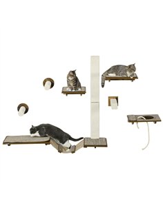 PawHut 8Pcs Wall Mounted Cat Tree with Scratching Posts, Perches, Ladder, for Sleeping, Playing, Lounging - Brown