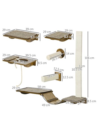 PawHut 8Pcs Wall Mounted Cat Tree with Scratching Posts, Perches, Ladder, for Sleeping, Playing, Lounging - Brown