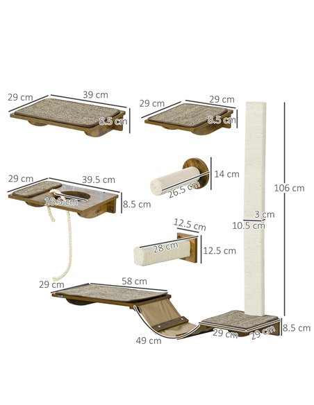 PawHut 8Pcs Wall Mounted Cat Tree with Scratching Posts, Perches, Ladder, for Sleeping, Playing, Lounging - Brown - pic 147028 | FastDaddyshop
