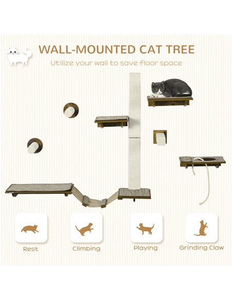 PawHut 8Pcs Wall Mounted Cat Tree with Scratching Posts, Perches, Ladder, for Sleeping, Playing, Lounging - Brown - pic 147029 | FastDaddyshop