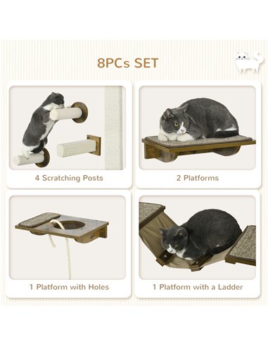 PawHut 8Pcs Wall Mounted Cat Tree with Scratching Posts, Perches, Ladder, for Sleeping, Playing, Lounging - Brown