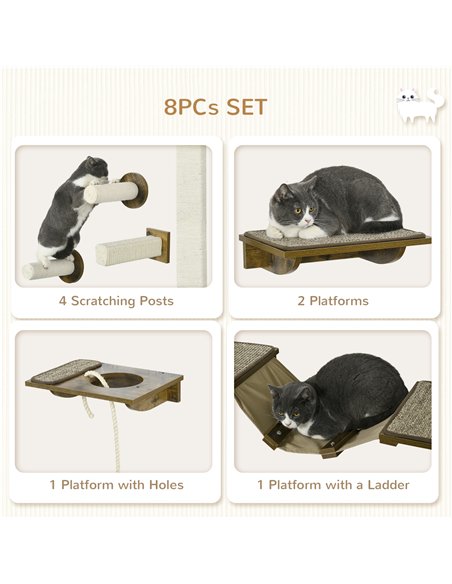 PawHut 8Pcs Wall Mounted Cat Tree with Scratching Posts, Perches, Ladder, for Sleeping, Playing, Lounging - Brown - pic 147030 | FastDaddyshop