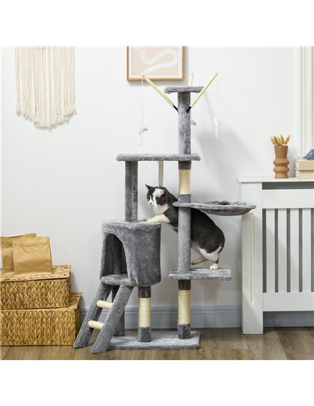 PawHut Cat Scratching Post Cat Tree for Indoor Cats Climbing Tower Scratcher w/ Ladder Kitty Activity Centre 135cm Grey - pic 147036 | FastDaddyshop