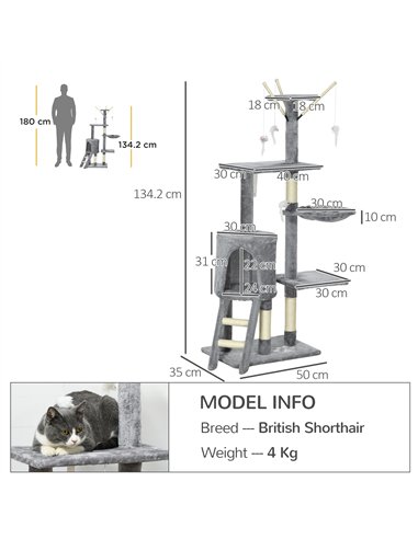 PawHut Cat Scratching Post Cat Tree for Indoor Cats Climbing Tower Scratcher w/ Ladder Kitty Activity Centre 135cm Grey