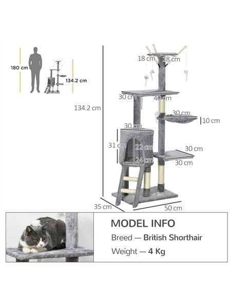 PawHut Cat Scratching Post Cat Tree for Indoor Cats Climbing Tower Scratcher w/ Ladder Kitty Activity Centre 135cm Grey - pic 147037 | FastDaddyshop