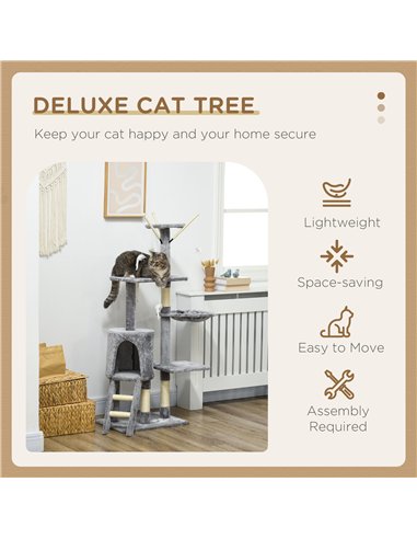 PawHut Cat Scratching Post Cat Tree for Indoor Cats Climbing Tower Scratcher w/ Ladder Kitty Activity Centre 135cm Grey