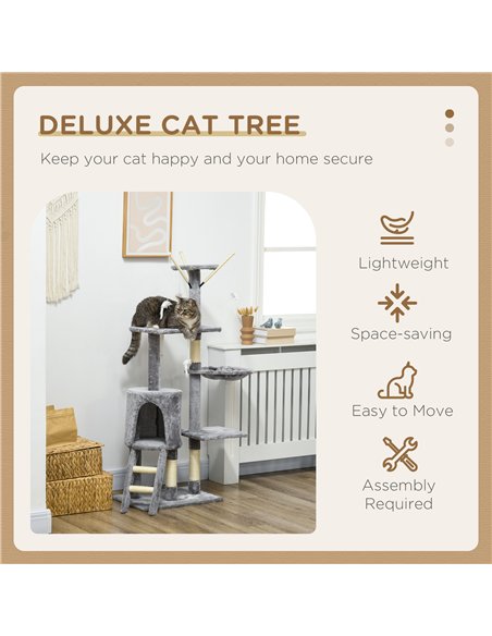PawHut Cat Scratching Post Cat Tree for Indoor Cats Climbing Tower Scratcher w/ Ladder Kitty Activity Centre 135cm Grey - pic 147038 | FastDaddyshop