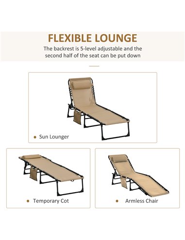 Outsunny Folding Sun Lounger with 5-position Adjustable Backrest, Pillow, Beige