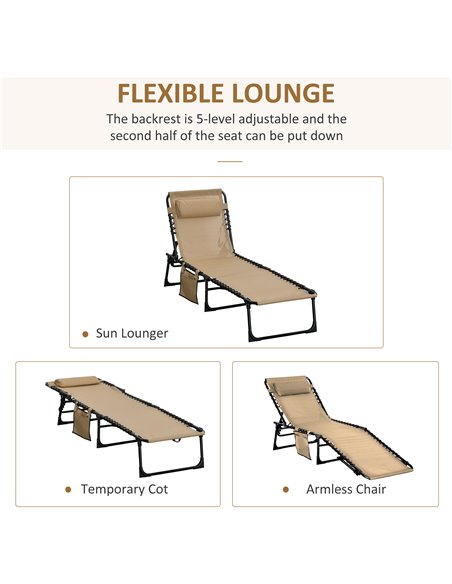 Outsunny Folding Sun Lounger with 5-position Adjustable Backrest, Pillow, Beige - pic 14704 | FastDaddyshop