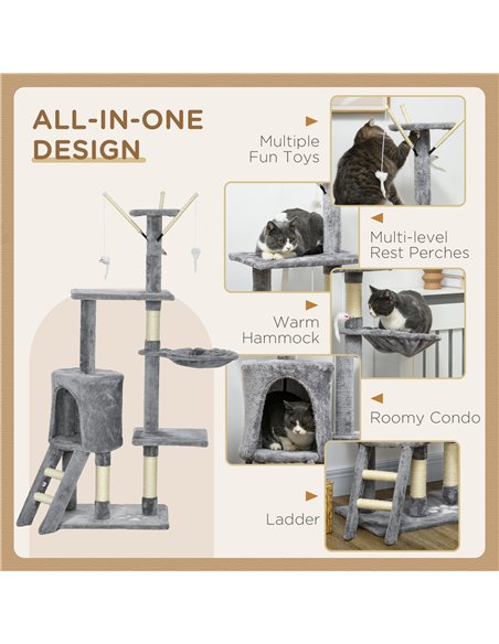 PawHut Cat Scratching Post Cat Tree for Indoor Cats Climbing Tower Scratcher w/ Ladder Kitty Activity Centre 135cm Grey - pic 147041 | FastDaddyshop