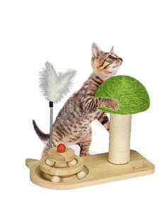 PawHut Mushroom-Shaped Cat Scratching Post, with Toy Balls, Feather for Indoor Cats, 35 x 21 x 26cm - Natural Tone