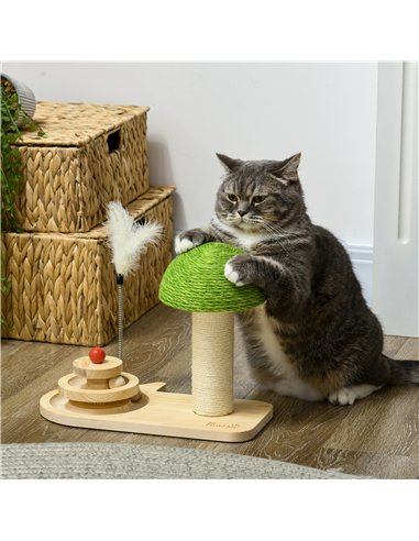 PawHut Mushroom-Shaped Cat Scratching Post, with Toy Balls, Feather for Indoor Cats, 35 x 21 x 26cm - Natural Tone
