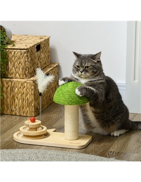 PawHut Mushroom-Shaped Cat Scratching Post, with Toy Balls, Feather for Indoor Cats, 35 x 21 x 26cm - Natural Tone - pic 147045 | FastDaddyshop