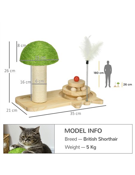PawHut Mushroom-Shaped Cat Scratching Post, with Toy Balls, Feather for Indoor Cats, 35 x 21 x 26cm - Natural Tone - pic 147046 | FastDaddyshop