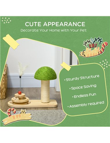 PawHut Mushroom-Shaped Cat Scratching Post, with Toy Balls, Feather for Indoor Cats, 35 x 21 x 26cm - Natural Tone