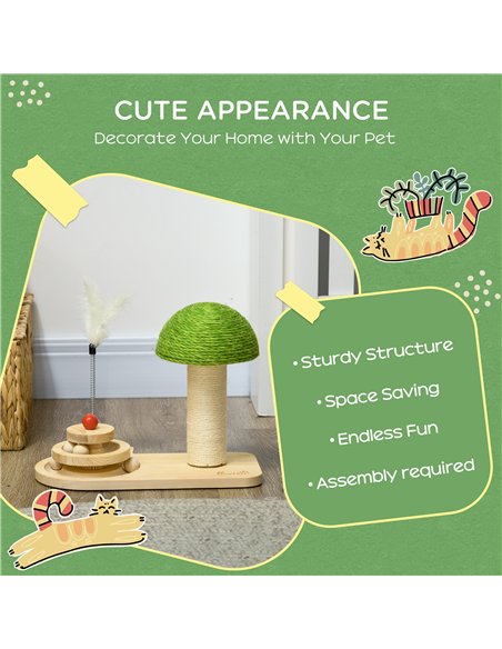 PawHut Mushroom-Shaped Cat Scratching Post, with Toy Balls, Feather for Indoor Cats, 35 x 21 x 26cm - Natural Tone - pic 147047 | FastDaddyshop