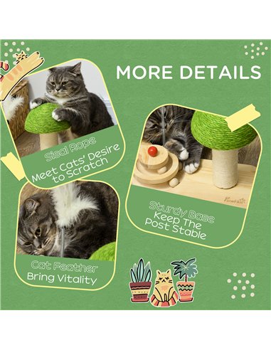 PawHut Mushroom-Shaped Cat Scratching Post, with Toy Balls, Feather for Indoor Cats, 35 x 21 x 26cm - Natural Tone