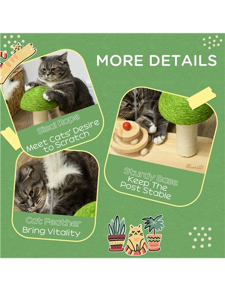 PawHut Mushroom-Shaped Cat Scratching Post, with Toy Balls, Feather for Indoor Cats, 35 x 21 x 26cm - Natural Tone - pic 147048 | FastDaddyshop