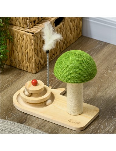 PawHut Mushroom-Shaped Cat Scratching Post, with Toy Balls, Feather for Indoor Cats, 35 x 21 x 26cm - Natural Tone