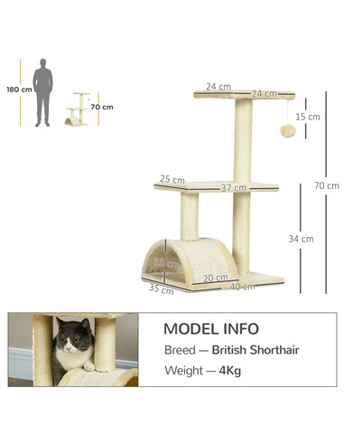PawHut 72cm Cat Tree with Scratching Post, Pad for Indoor Cats - Cream White