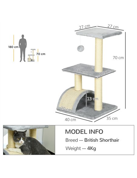 PawHut 72cm Cat Tree with Scratching Post, Pad for Indoor Cats - Light Grey - pic 147064 | FastDaddyshop