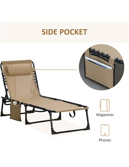 Outsunny Folding Sun Lounger with 5-position Adjustable Backrest, Pillow, Beige - pic 14707 | FastDaddyshop