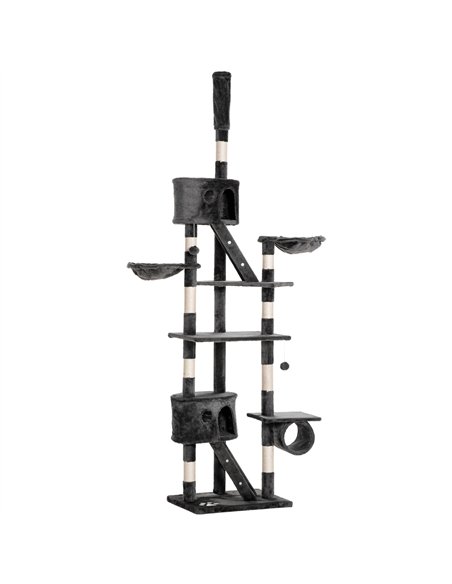 PawHut Floor-to-Ceiling Cat Tree for Indoor Cats, 240-260cm Adjustable Cat Tree - Dark Grey - pic 147071 | FastDaddyshop