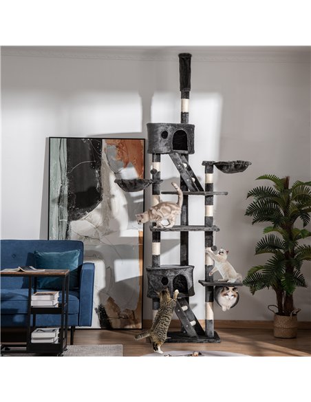 PawHut Floor-to-Ceiling Cat Tree for Indoor Cats, 240-260cm Adjustable Cat Tree - Dark Grey - pic 147072 | FastDaddyshop