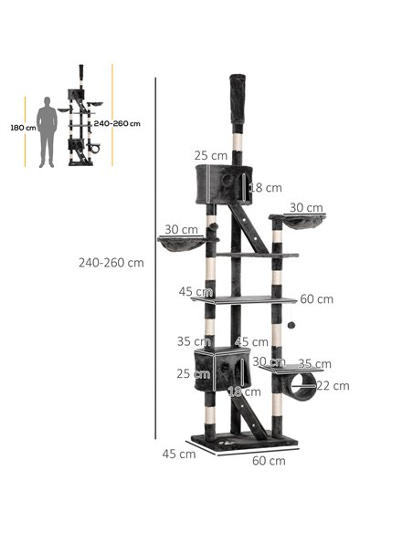 PawHut Floor-to-Ceiling Cat Tree for Indoor Cats, 240-260cm Adjustable Cat Tree - Dark Grey - pic 147073 | FastDaddyshop