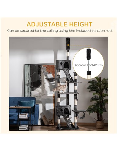 PawHut Floor-to-Ceiling Cat Tree for Indoor Cats, 240-260cm Adjustable Cat Tree - Dark Grey