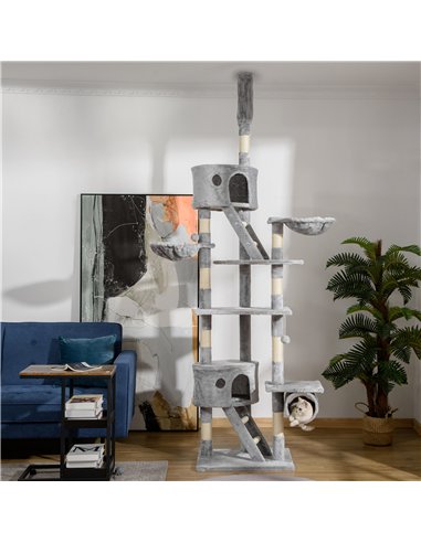 PawHut Floor to Ceiling Cat Tree for Indoor Cats, 240-260cm, Adjustable Height - Light Grey