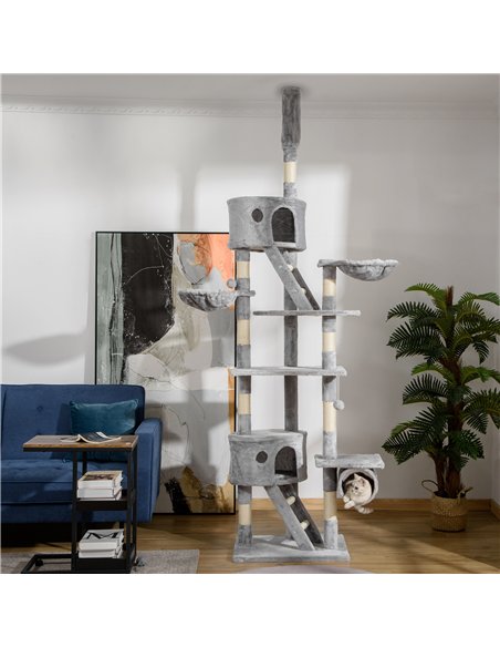 PawHut Floor to Ceiling Cat Tree for Indoor Cats, 240-260cm, Adjustable Height - Light Grey - pic 147081 | FastDaddyshop