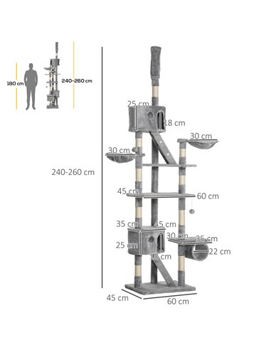 PawHut Floor to Ceiling Cat Tree for Indoor Cats, 240-260cm, Adjustable Height - Light Grey