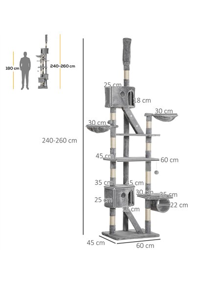 PawHut Floor to Ceiling Cat Tree for Indoor Cats, 240-260cm, Adjustable Height - Light Grey - pic 147082 | FastDaddyshop